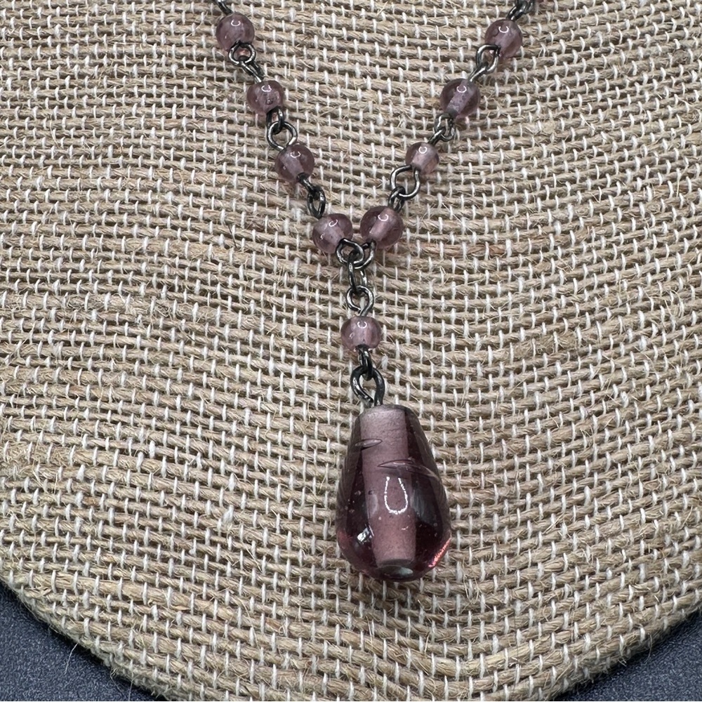 Purple Glass Teardrop Beaded Vintage Chain Pendant Necklace